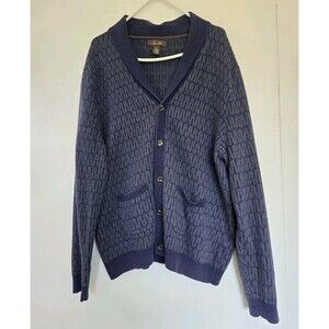 Vintage Tasso Elba Cardigan Mens L Zig Zag Geometric Grandpa Sweater Pocket Blue